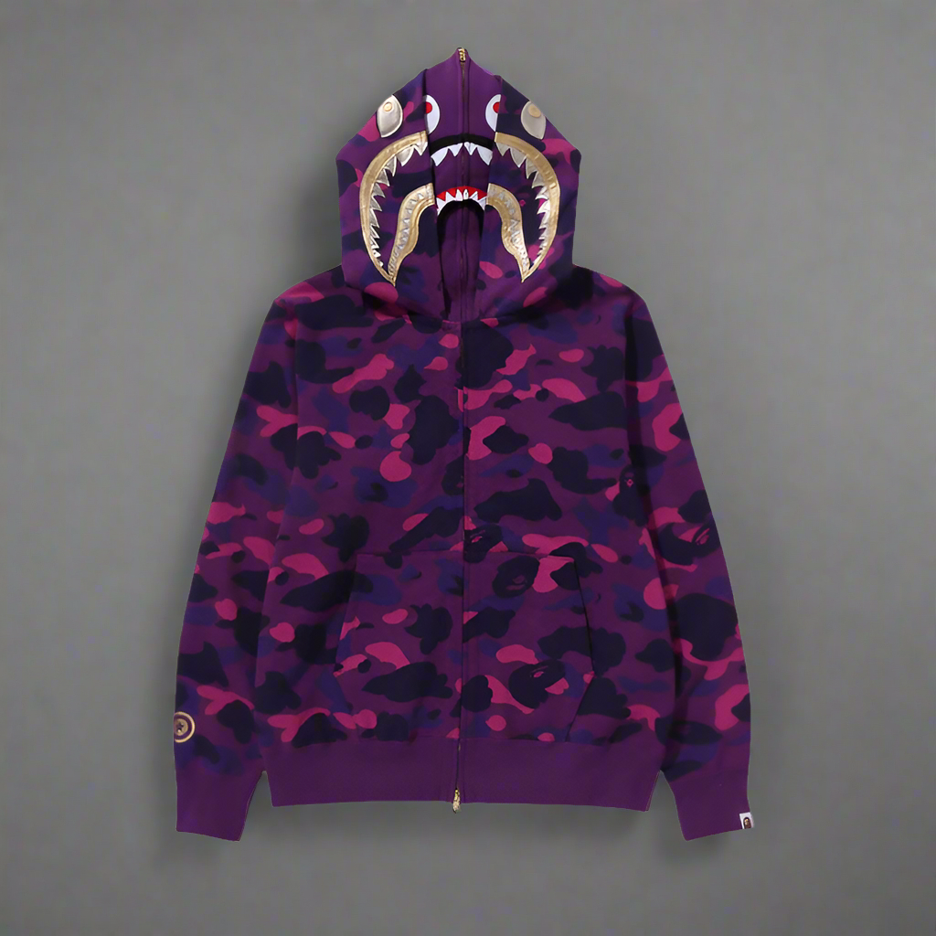 Purple Camo Shark Double-Hooded Zip-Up