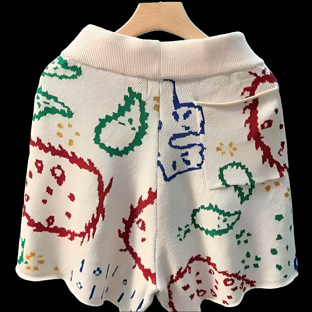 White Knitted & Printed Shorts