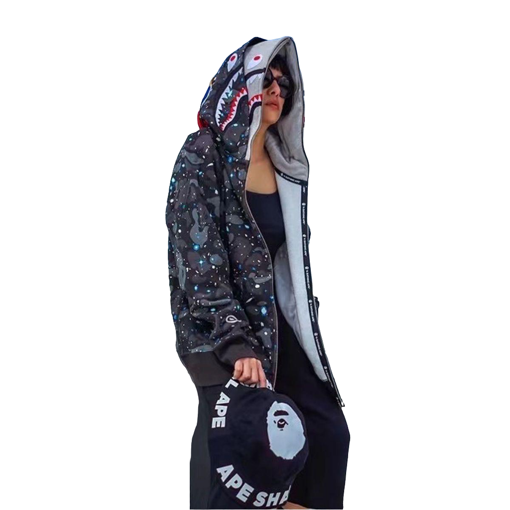 Black Space & Shark Double-Hooded Zip-Up