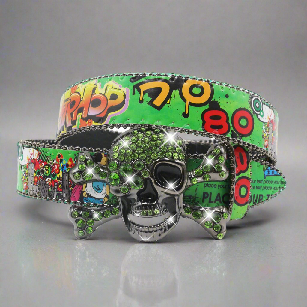 Skull Belt & Rhinestones , Graphics green, one size