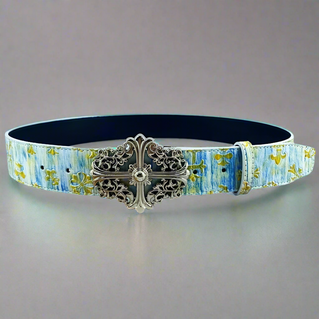 Tie-Dyed Belt w/ Cross Buckle & Designs