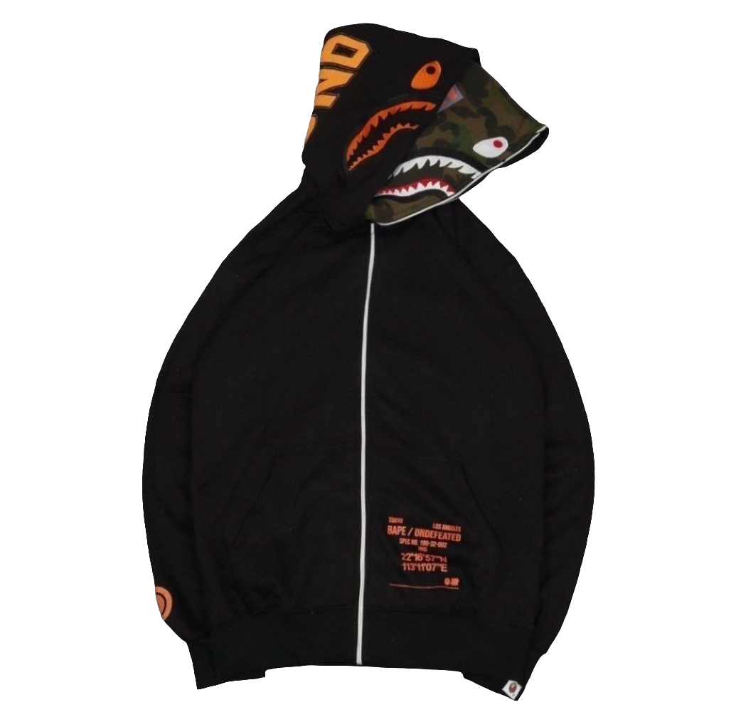 Black Undefeated Shark Double-Hooded Zip-Up
