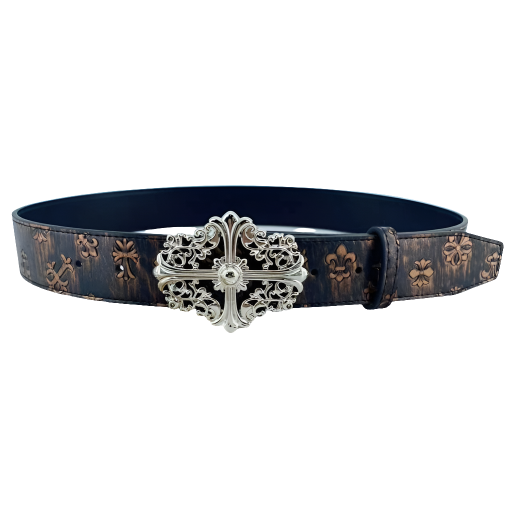 Black Tie-Dyed Belt w/ Cross Buckle & Designs