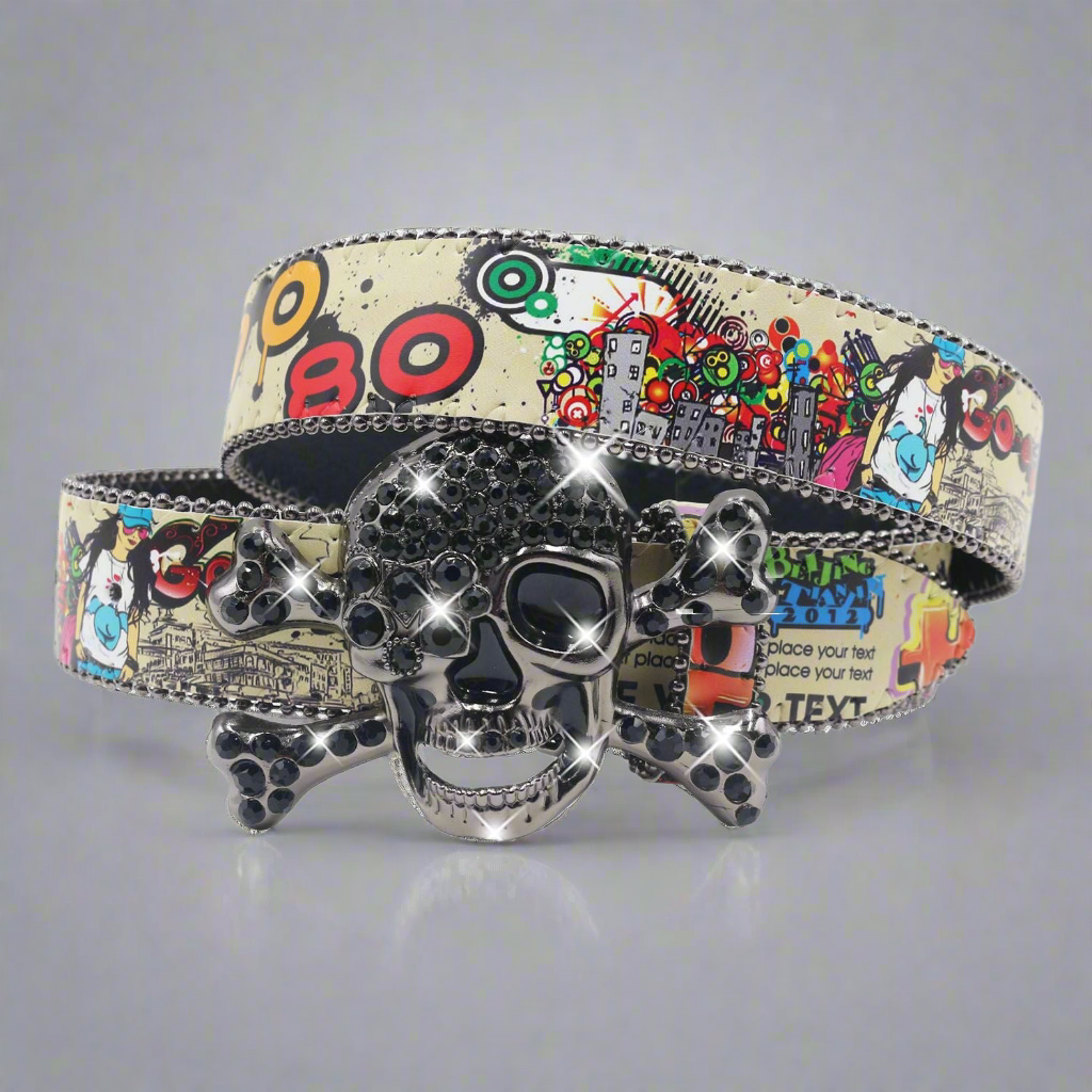Skull Belt with Rhinestones & Graphics, one size.