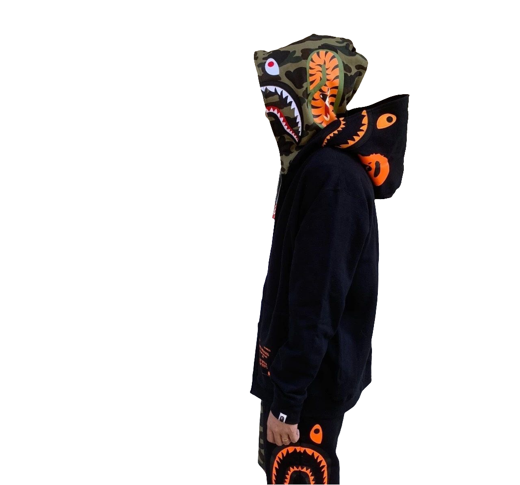 Black Undefeated Shark Double-Hooded Zip-Up