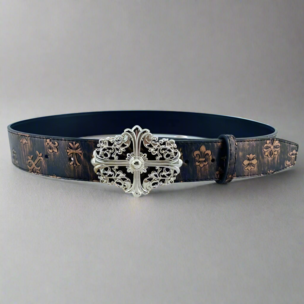 Black Tie-Dyed Belt w/ Cross Buckle & Designs